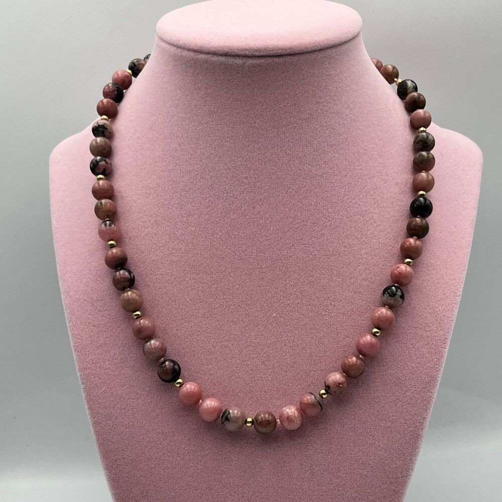 Hand knotted unisex 14k gold filled rhodonite 8mm Necklace